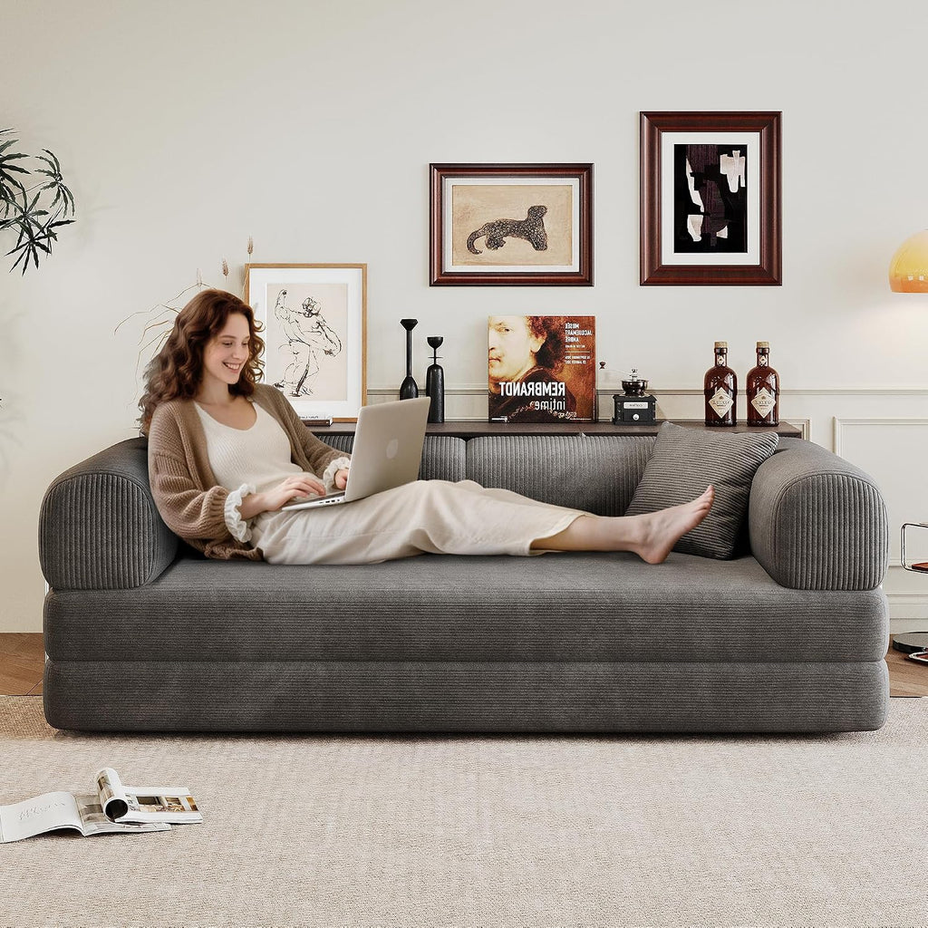 Ball & Cast 78.8' Compressed Modular Sofa Bed, No-Assembly Convertible Floor Futon Couch with Pillow Backrest & Armrest Support, Boneless Corduroy Sleeper Sofa for Living Room & Bedroom, Grey