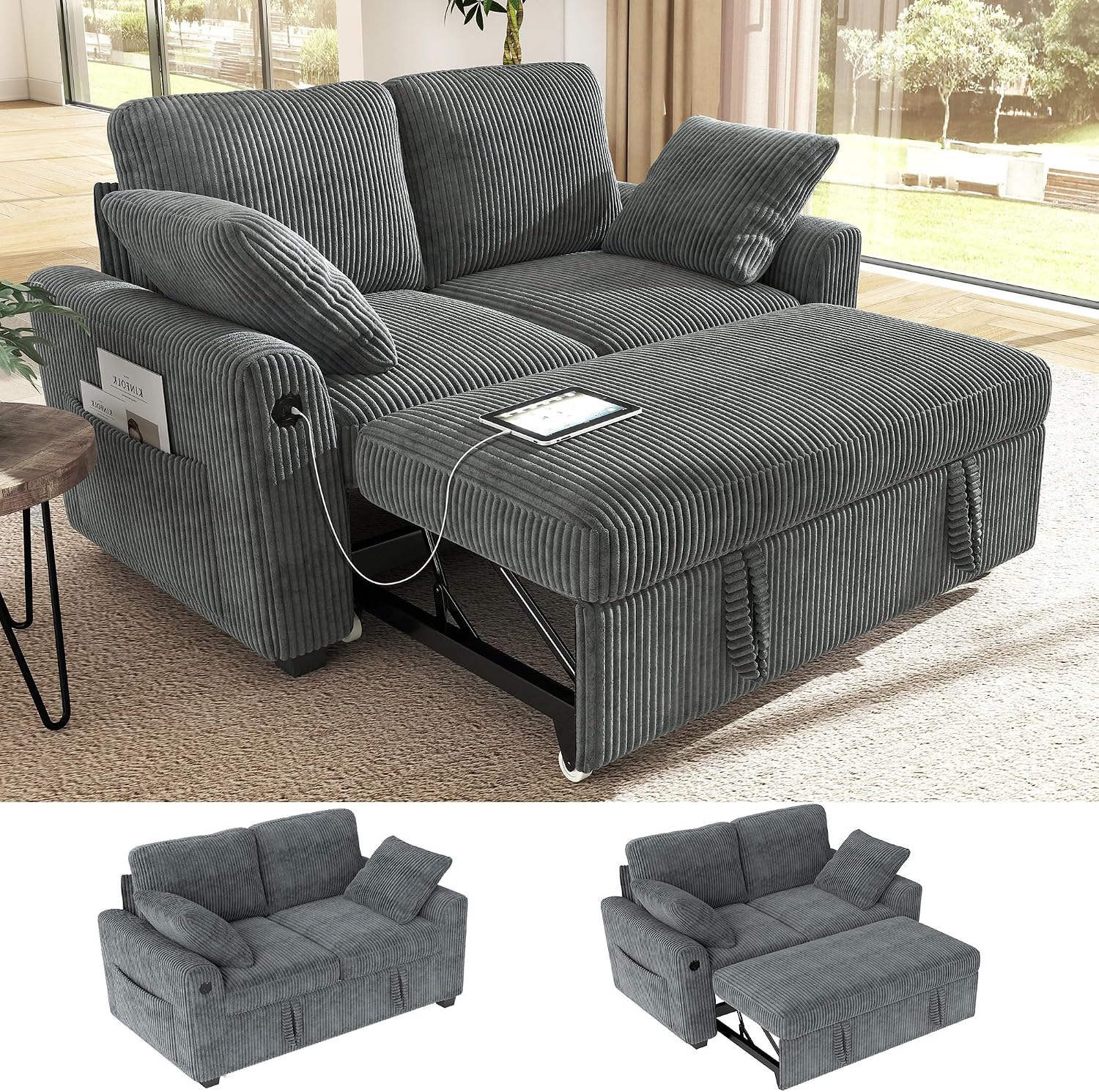 Ihanherry 59-inch Corduroy Convertible Sofa Bed with USB Charging Port, Side Pockets, and Wide Armrests – Full Size Sleeper for Living Room, Bedroom, and Multi-Scenario Use（Gray）