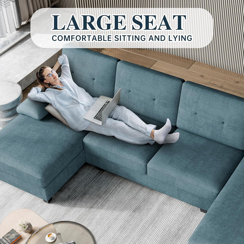 Sectional Couches for Living Room, 106 in U Shaped Couch Soft Sectional Sofa with Double Chaise, Comfortable 4 Seat Sofa Couch (Blue) | Breathable Fabric