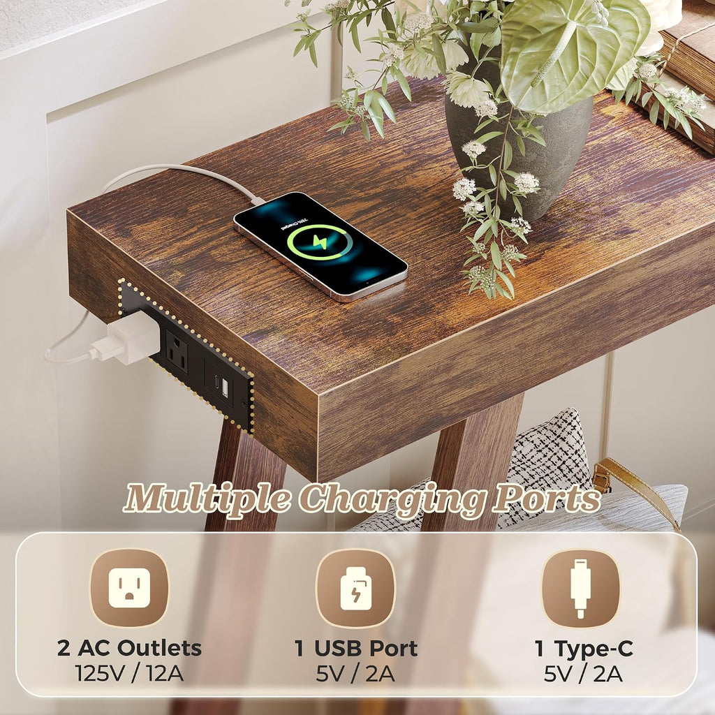 Huuger Console Table with Charging Station, USB-C Port, 2 Tiers Entryway Table, 53.9 Inch Sofa Table with Metal Legs, Entry Hallway Table with Thicker Desktop, Modern Behind Couch Table, Rustic Brown
