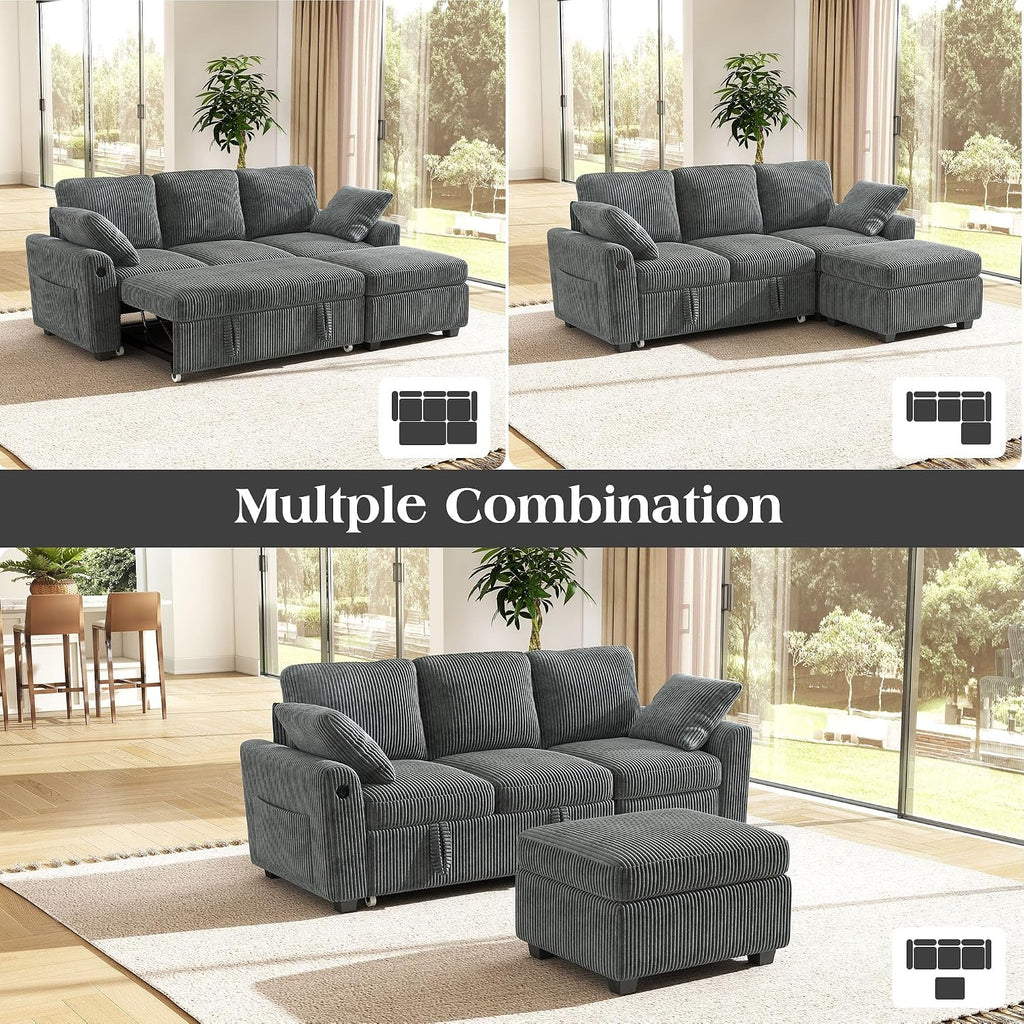 Ihanherry 81-inch Corduroy Modular Sectional Sofa Bed with Storage Ottoman & USB Port, Reversible 3-Seater L-Shaped Sleeper Sofa, Left or Right Fasing Chaise for Living Room（Gray）