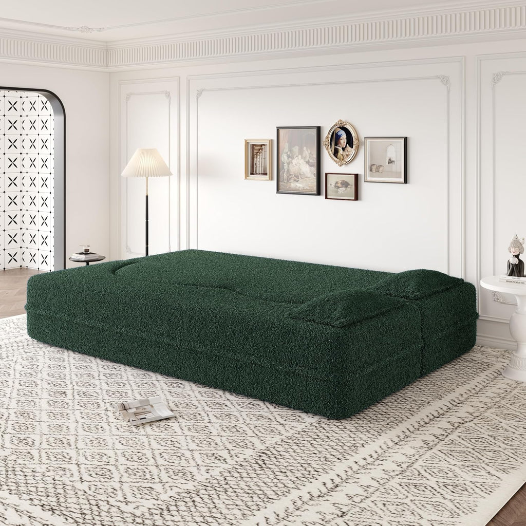 Ball & Cast 78' Floor Sofa Bed with 2 Pillows,Convertible Teddy Fabric Foam-Filled Sleeper Sofa Bed,Pull Out Couch Full Size Folding Mattress for Living Room,Playroom,No Assembly Required,Green