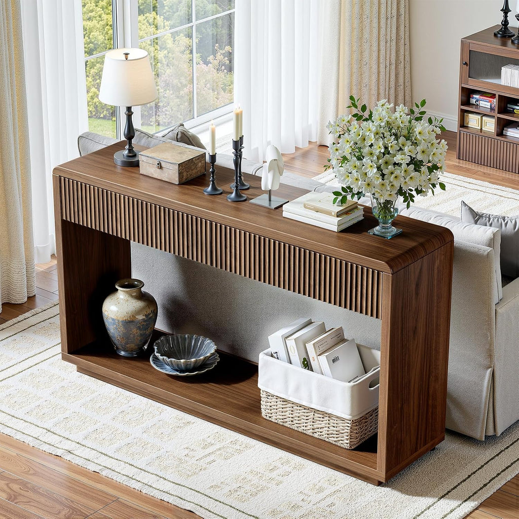 Evermagin 59'' Walnut Entryway Table with Drawers, Fluted Console Table, Mid Century Modern Sofa Table with Storage for Living Room, Entrance, Hallway