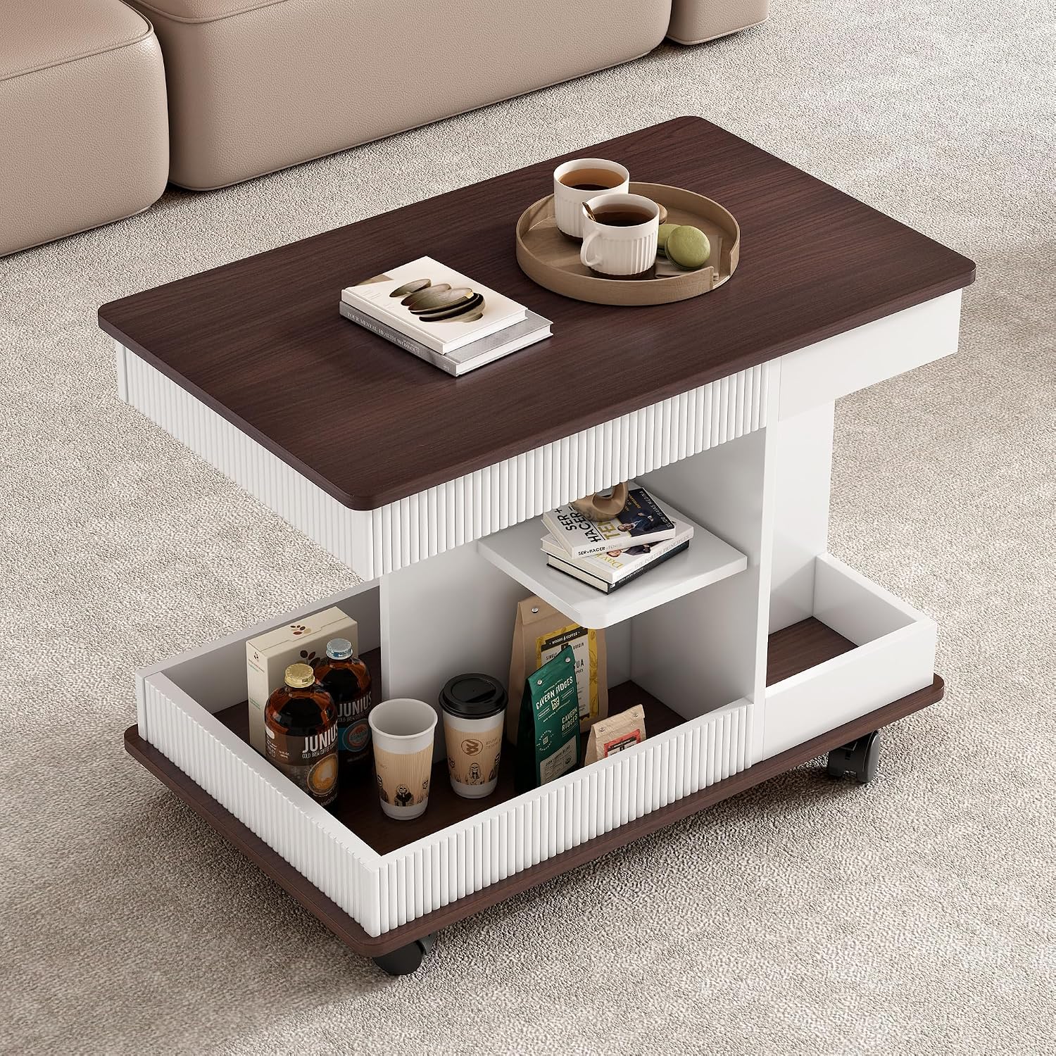 Merax Adjustable End Table with Wheels, Modern Multifunctional Sofa Side Table with Lift-Top, 360°Rotating Top and Storage Space for Living Room, Small Space, Brown+White