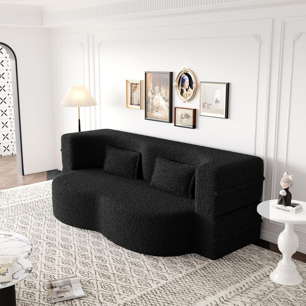 Ball & Cast 78' Floor Sofa Bed with 2 Pillows,Convertible Teddy Fabric Foam-Filled Sleeper Sofa Bed,Pull Out Couch Full Size Folding Mattress for Living Room,Playroom,No Assembly Required,Black