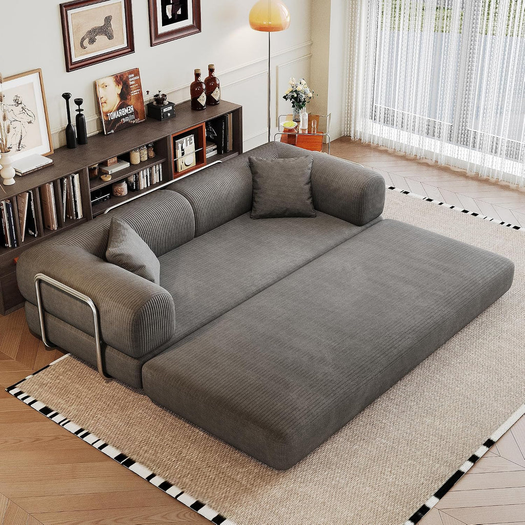 Ball & Cast 78.8' Compressed Modular Sofa Bed, No-Assembly Convertible Floor Futon Couch with Pillow Backrest & Armrest Support, Boneless Corduroy Sleeper Sofa for Living Room & Bedroom, Grey
