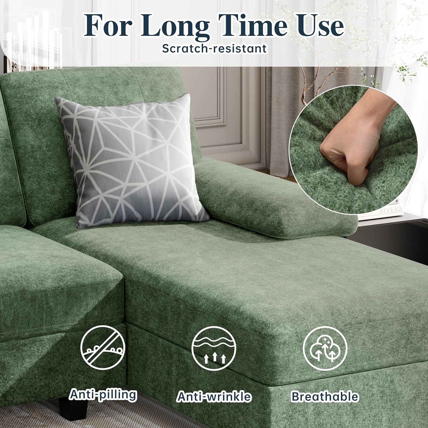 Sectional Couches for Living Room, 106 in U Shaped Couch Soft Sectional Sofa with Double Chaise, Comfortable Fabric 4 Seat Sofa Couch for Apartment (Green)
