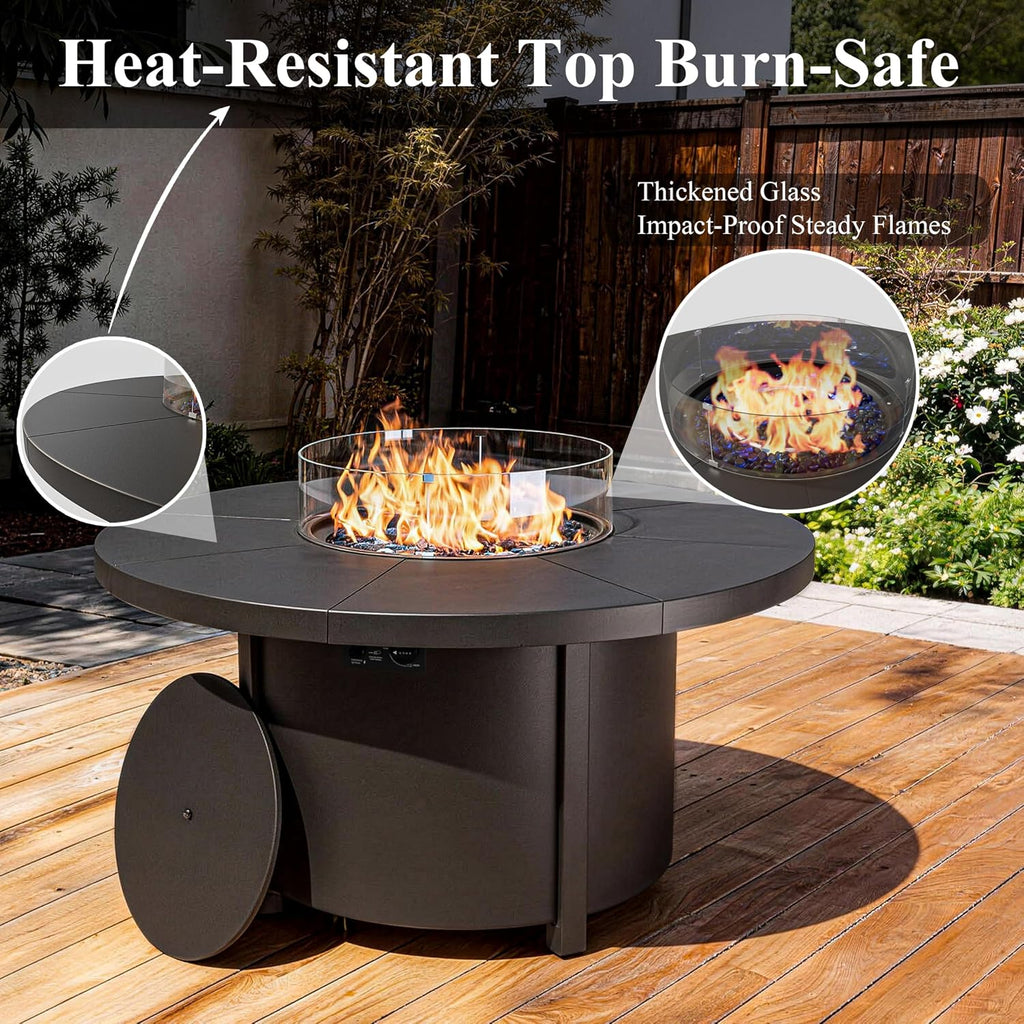 48 Inch Round Propane Fire Pit Table, 55000 BTU Auto-Ignition Gas Fire Pit with Steel Tabletop, Adjustable Flame, Windshield, Lid & CSA Certification for Patio Backyard Garden