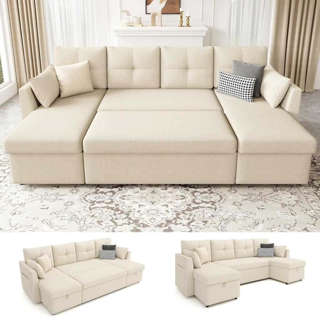 Huatean Home Oversized Sleeper Couch Sofa, Sectional Sleeper Sofa Bed with Side Pocket for Living Room, 110 inch 2 in 1 Pull Out Couch with Double Storage Chaise, Beige