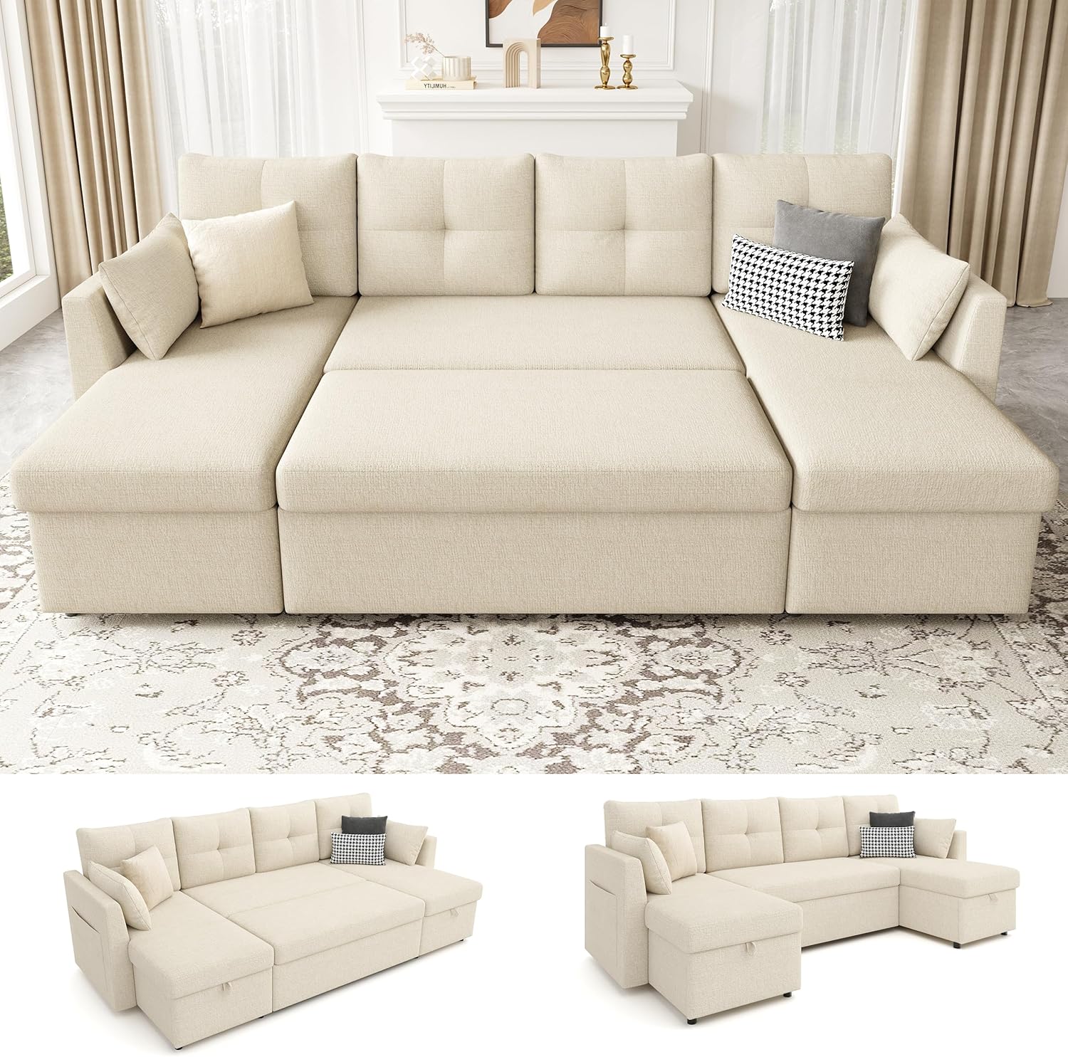 Huatean Home Oversized Sleeper Couch Sofa, Sectional Sleeper Sofa Bed with Side Pocket for Living Room, 110 inch 2 in 1 Pull Out Couch with Double Storage Chaise, Beige