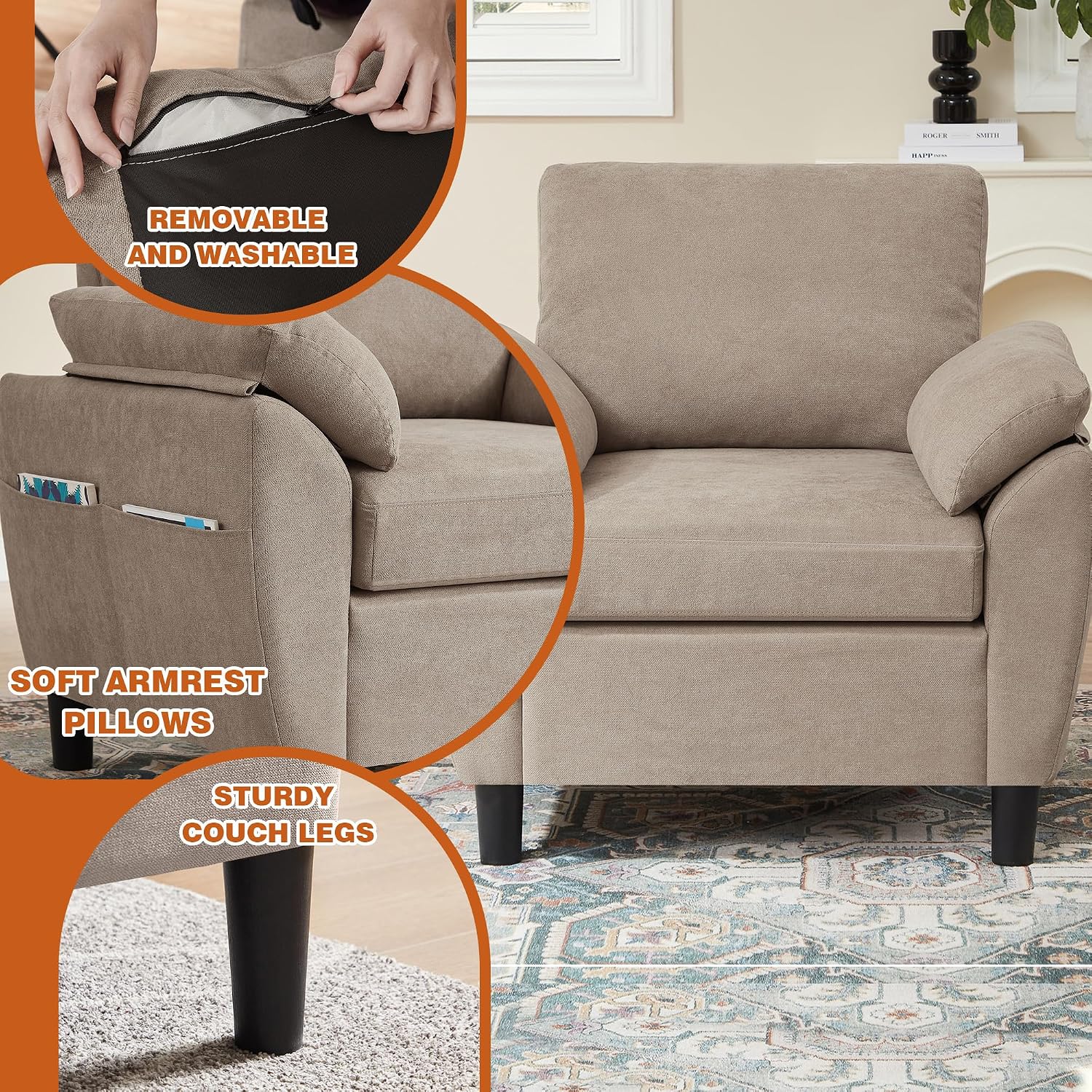 3 Pieces Sectional Sofa Set, 79' Modern L Shaped Couch & 57' Loveseat & 35' Accent Chair, Linen Upholstered Sofa Set with Movable Ottoman, Couches for Living Room, Apartment, Beige