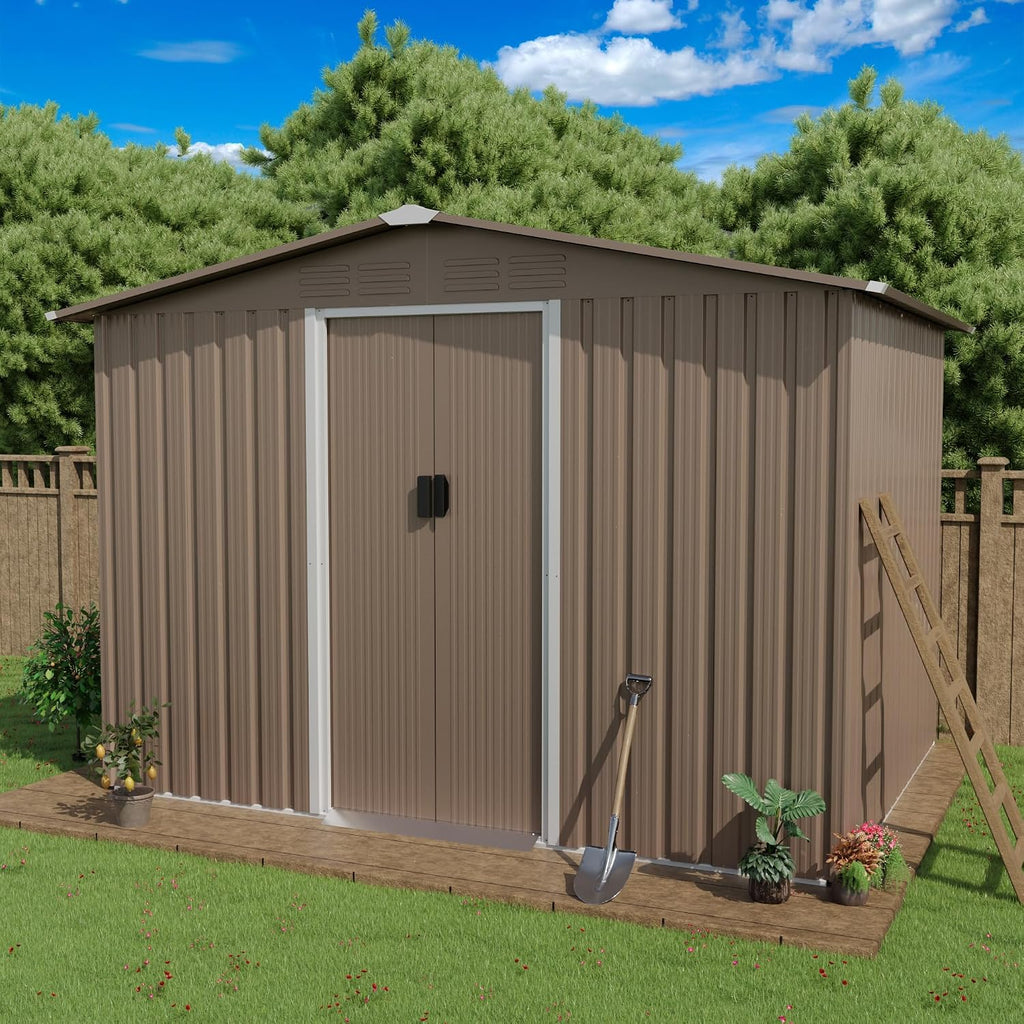 ALAULM 8'x6' Outdoor Storage Shed Outdoor Galvanized Metal Tool Shed with Vents & Sliding Door, Waterproof Garden Shed for Patio,Lawn,Backyard to Store Bikes,Tools,Brown