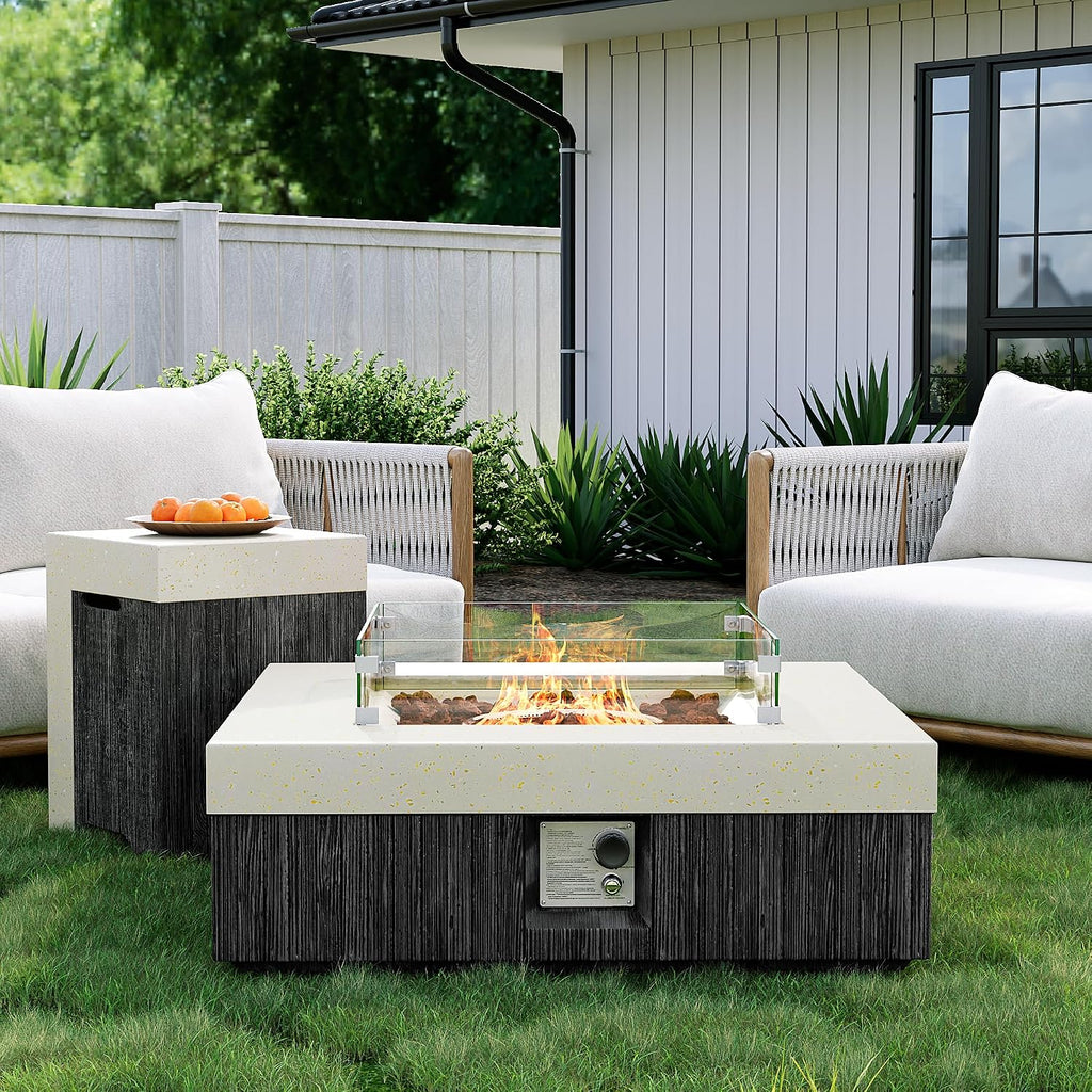 35inch Square Outdoor Propane Fire Pit Table-Black & White Finish,50000 BTU Auto-Ignition,CSA Certified,with 20 Gallon Tank Cover, Glass Wind Guard