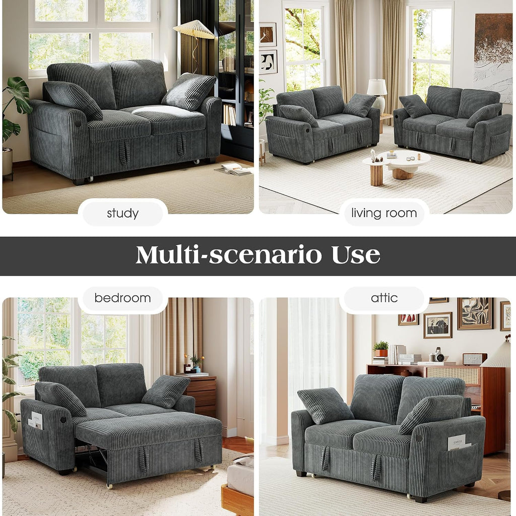 Ihanherry 59-inch Corduroy Convertible Sofa Bed with USB Charging Port, Side Pockets, and Wide Armrests – Full Size Sleeper for Living Room, Bedroom, and Multi-Scenario Use（Gray）