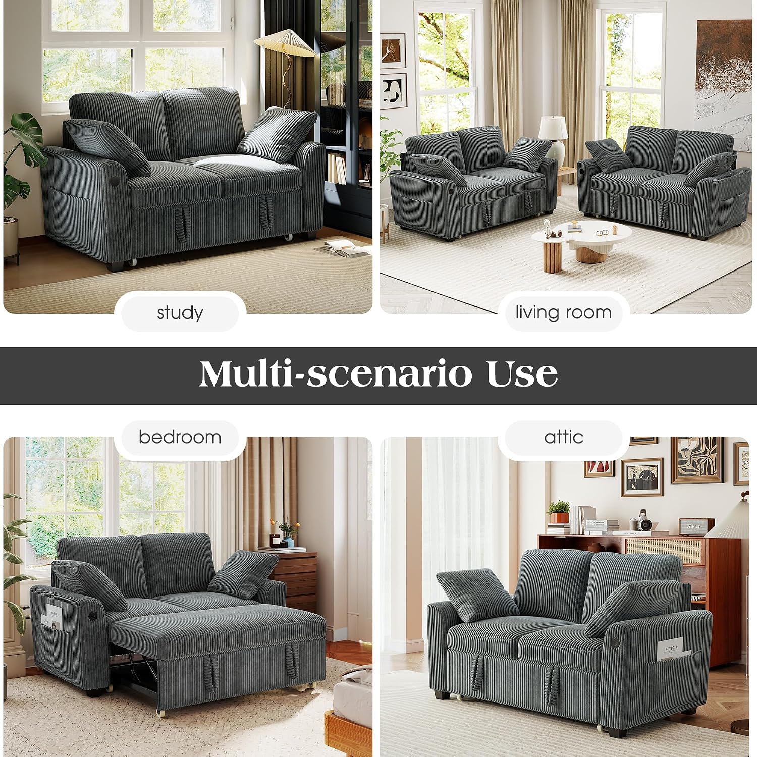 Ihanherry 59-inch Corduroy Convertible Sofa Bed with USB Charging Port, Side Pockets, and Wide Armrests – Full Size Sleeper for Living Room, Bedroom, and Multi-Scenario Use（Gray）