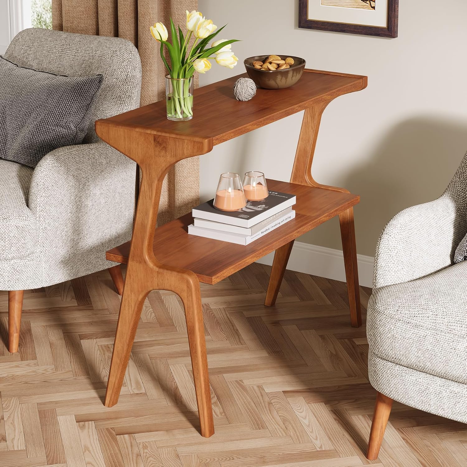 Tribesigns Set of 2 Wood End Table, Farmhouse Couch Side Table, Narrow Bedside Table for Bedroom, Living Room, Small Spaces, Easy Assembly, Walnut