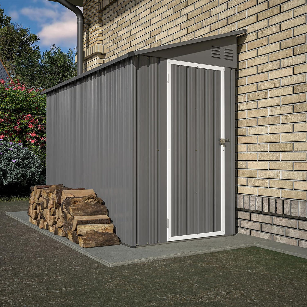 KELRIA 4 x 8 FT Metal Outdoor Storage Shed w/Foundation, Lean to Storage Sheds with Lockable Door and Air Vents, All Weather Waterproof Garden Tool House for Backyard, Patio, Lawn, Gray