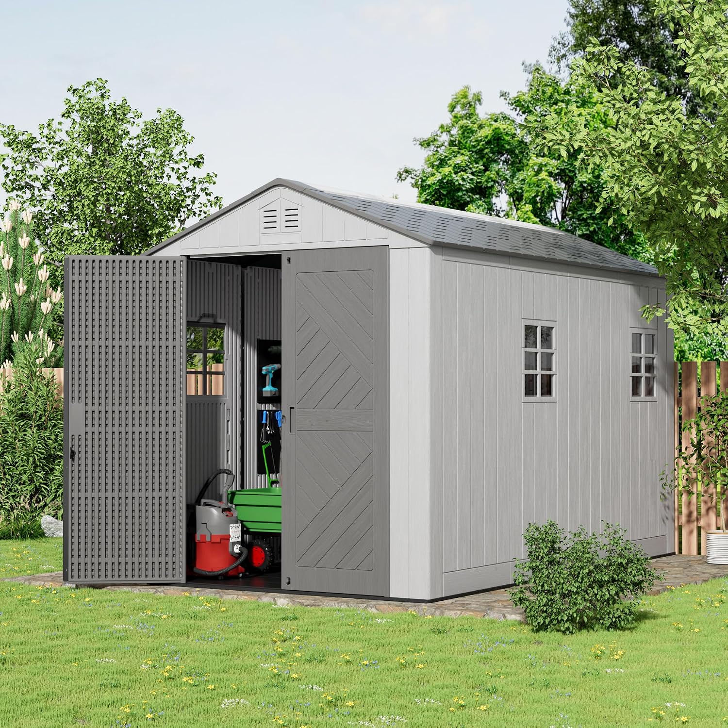 Mrosaa 6x11 FT Storage Shed with Floor,HDPE Resin Outdoor Storage Shed Weather Resistant,Lockable Garden Sheds with Windows for Home/Garden Tools/Backyard/Lawn Mower/Bike Storage(Gray)