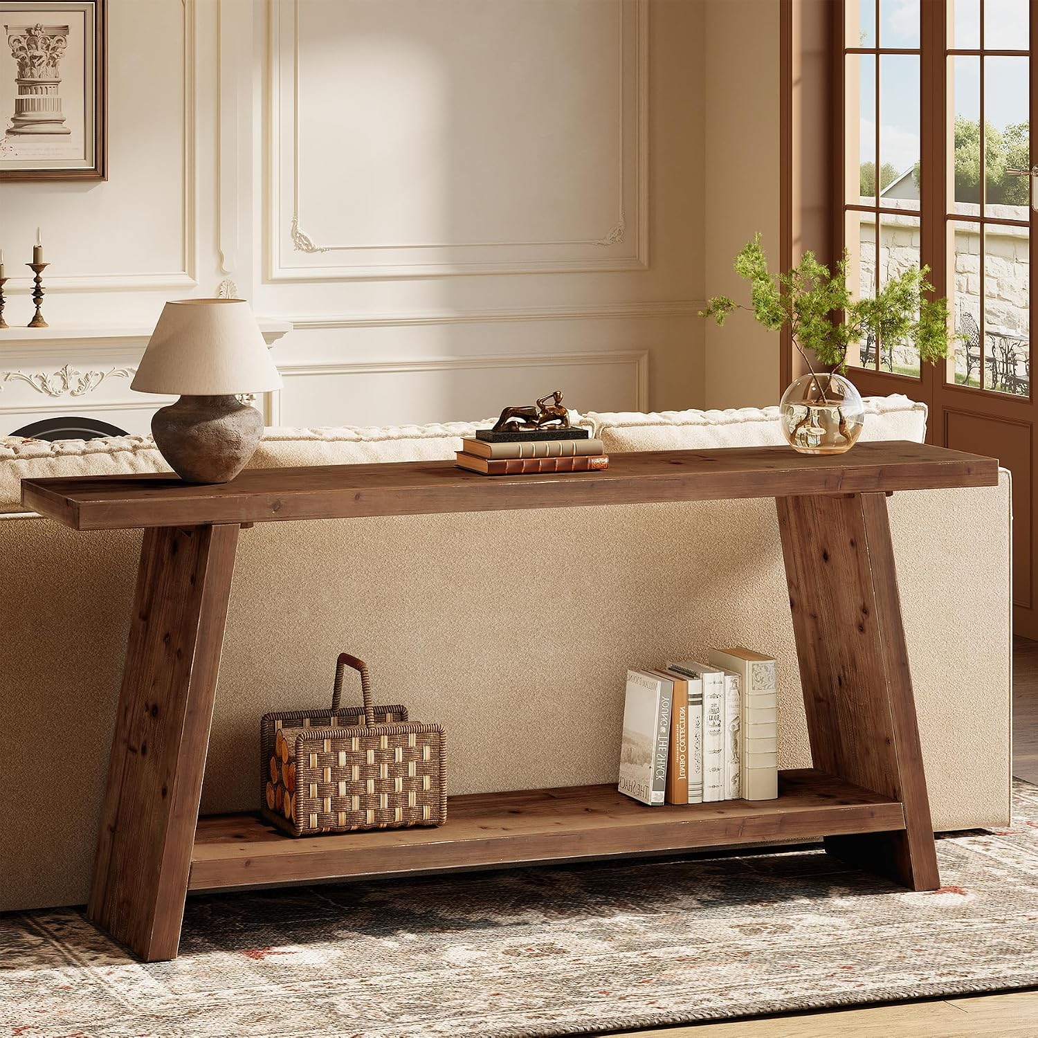 70.9'' Solid Wood Console Table, Narrow Long Sofa Table Behind Couch with 2-Tier Storage, Farmhouse Entryway Table for Living Room, Hallway, Foyer, Brown