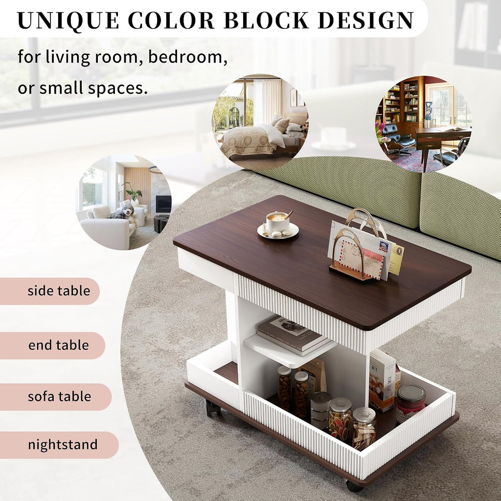 Merax Adjustable End Table with Wheels, Modern Multifunctional Sofa Side Table with Lift-Top, 360°Rotating Top and Storage Space for Living Room, Small Space, Brown+White