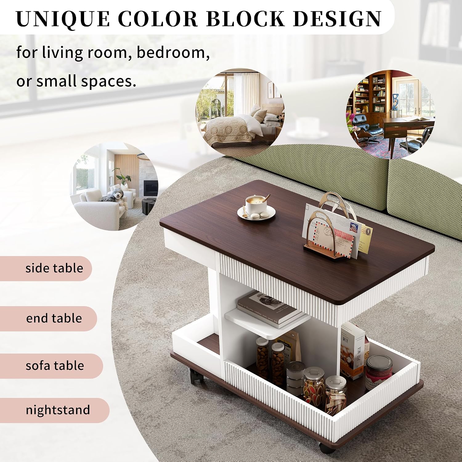 Merax Adjustable End Table with Wheels, Modern Multifunctional Sofa Side Table with Lift-Top, 360°Rotating Top and Storage Space for Living Room, Small Space, Brown+White