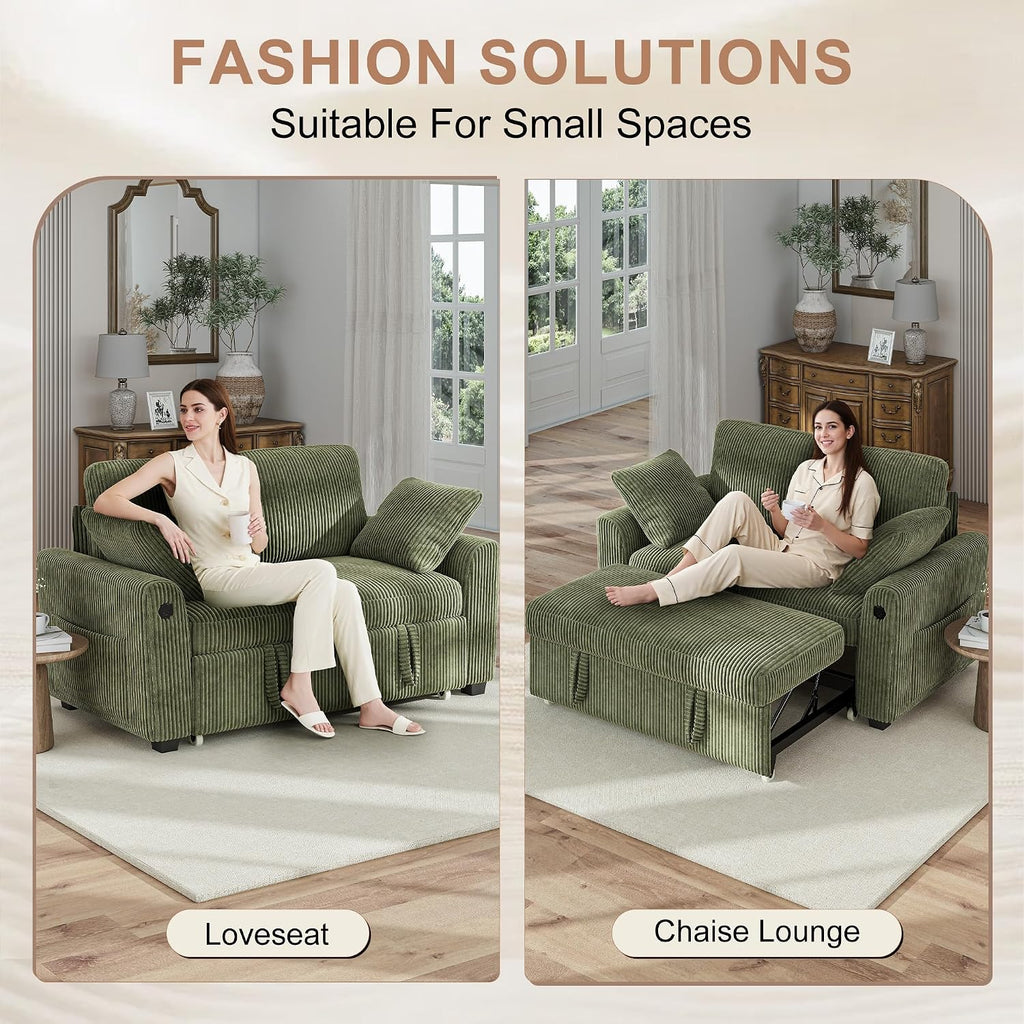 Hanherry 59' Loveseat Sofa with Pull Out Couch Bed, Corduroy 2-in-1 Convertible 2 Seater Sleeper Sofa with USB Charging,Comfy Love Seat for Small Spaces Living Room Apartment