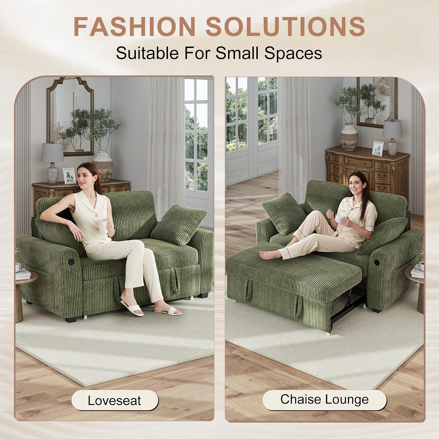 Hanherry 59' Loveseat Sofa with Pull Out Couch Bed, Corduroy 2-in-1 Convertible 2 Seater Sleeper Sofa with USB Charging,Comfy Love Seat for Small Spaces Living Room Apartment