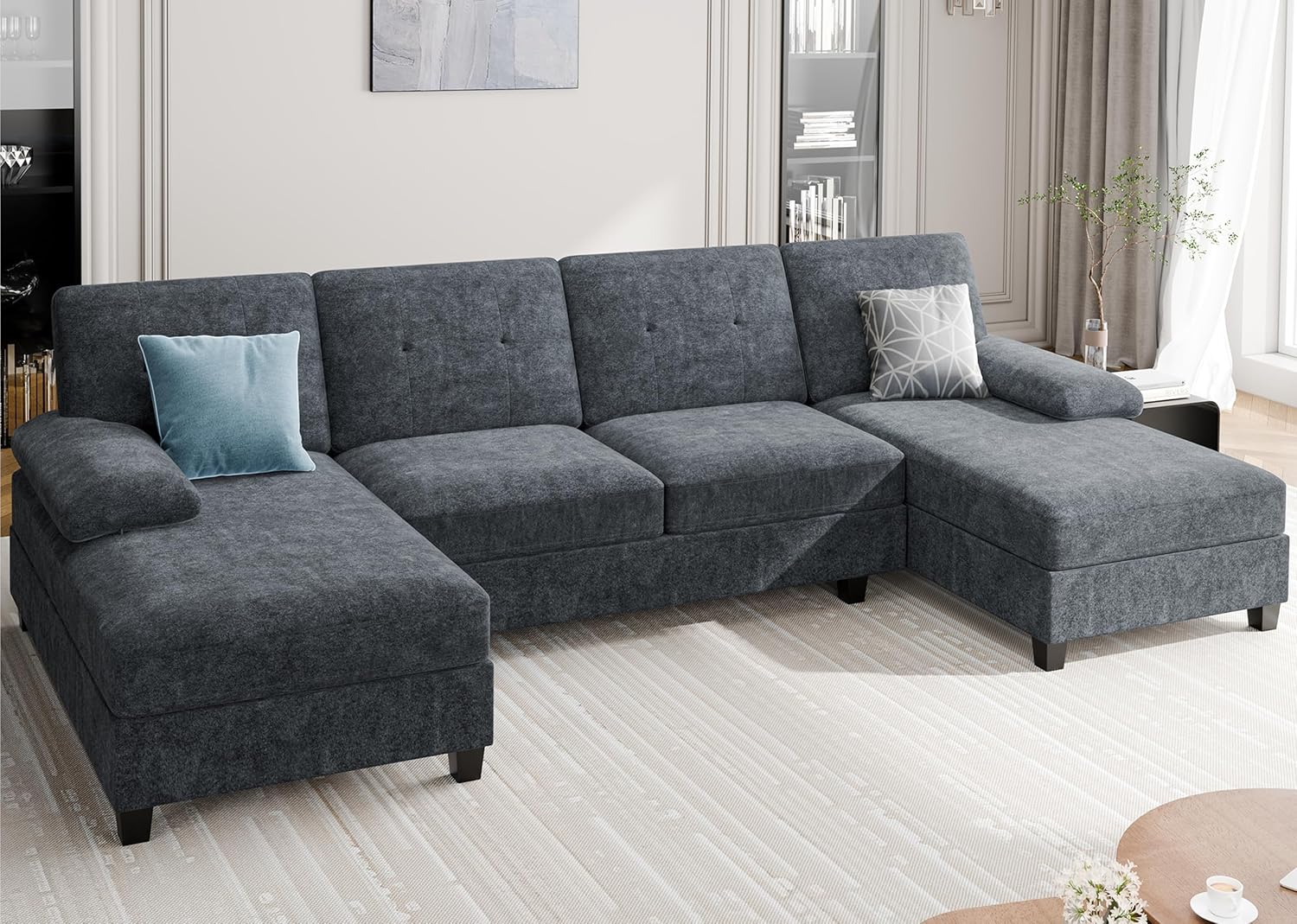 Sectional Couches for Living Room, U Shaped Couch 4 Seat Sectional Sofa with Chaise and Armrests, Comfortable Fabric Large Sofa for Apartment (Grey)