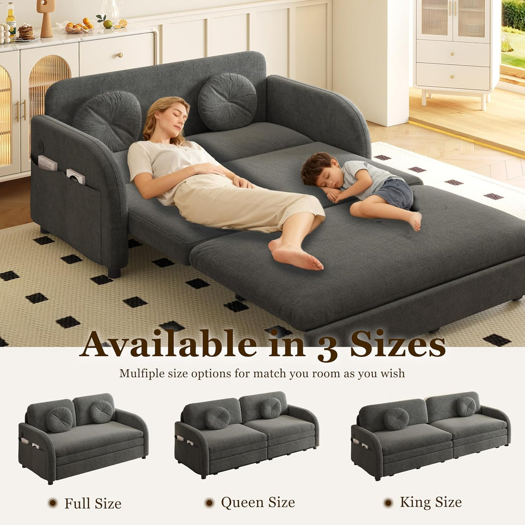 52.4'' Pull Out Couch Full-Size, Futon Sofa Bed, Convertible Sleeper Sofa Bed with USB Port, Storage Pockets, 2 Pillows, Modern Chenille Loveseat Couches for Small Space, Living Room, Grey