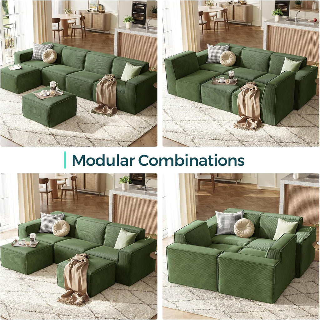 LINSY HOME Modular Sectional Sofa, 105' Boneless Couch U Shaped 3-Seat Sofa with 2 Ottomans, Corduroy Sectional Cloud Couches for Living Room, No Assembly Required, Green