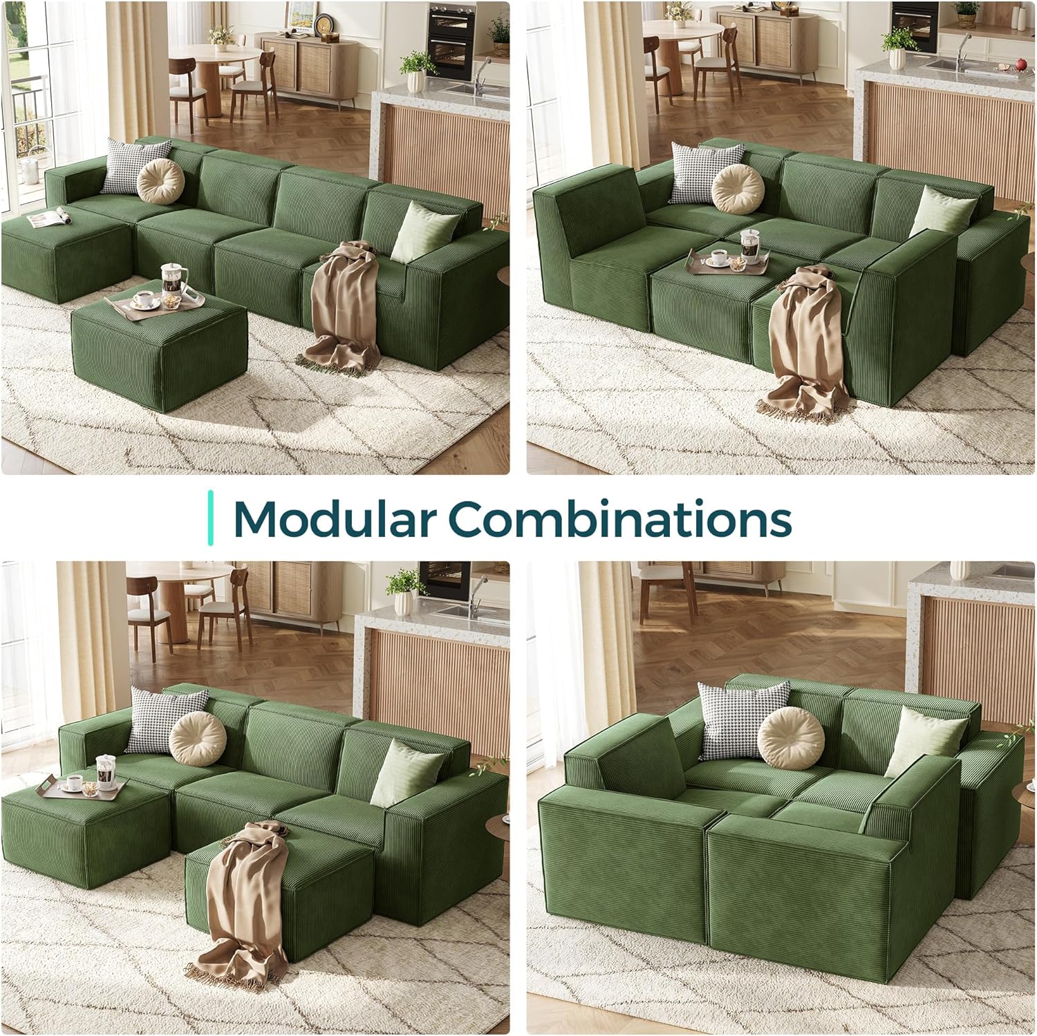 LINSY HOME Modular Sectional Sofa, 105' Boneless Couch U Shaped 3-Seat Sofa with 2 Ottomans, Corduroy Sectional Cloud Couches for Living Room, No Assembly Required, Green
