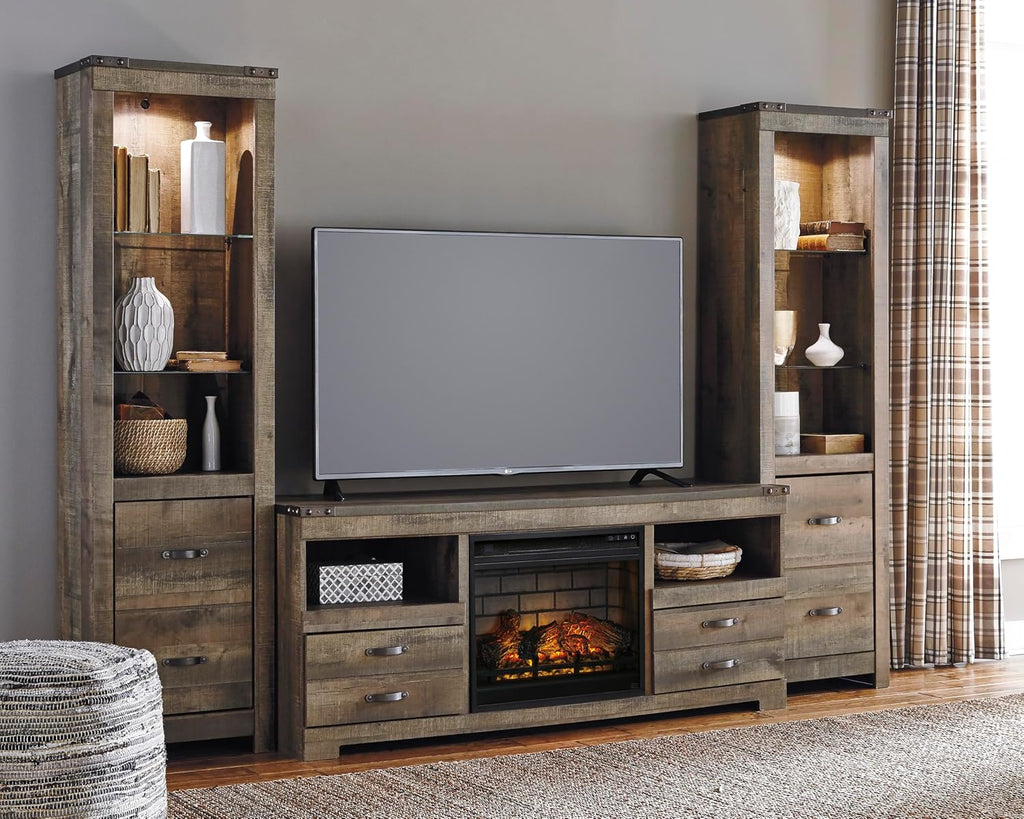 Signature Design by Ashley Trinell 63' TV Stand with Electric Fireplace Insert, Rustic Wood Look Media Console with Infrared Heat, Storage Drawers and Remote Control for Living Room Warmth