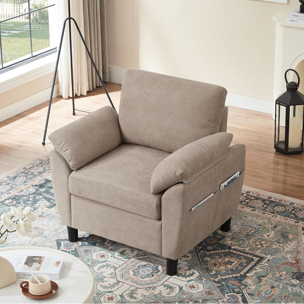Sofa Accent Chair, 35' Reading Chair for Bedroom, Modern Linen Fabric Armchair, Single Sofa Chair, Comfy Arm Chairs for Living Room,Bedroom, Beige