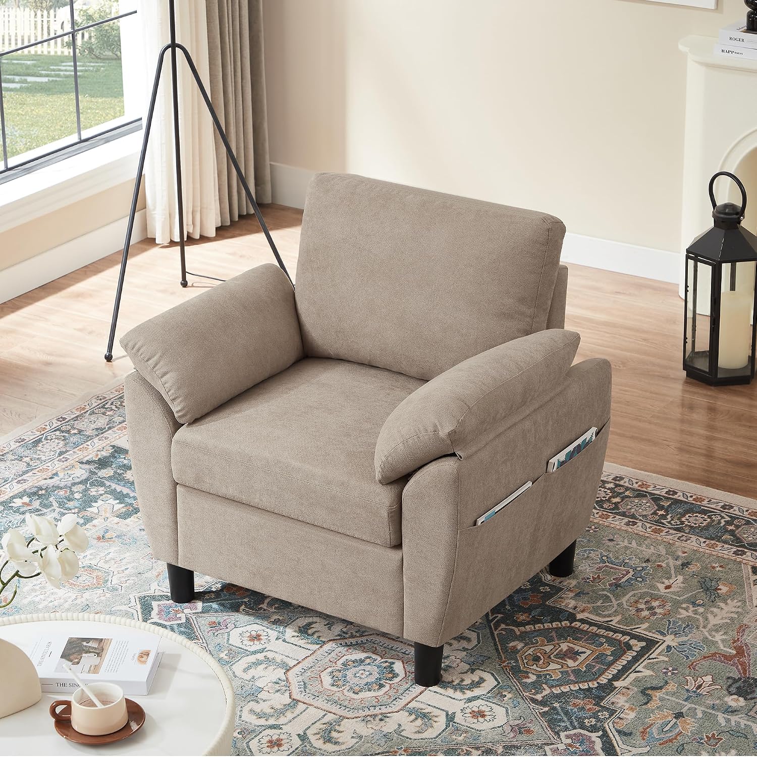 Sofa Accent Chair, 35' Reading Chair for Bedroom, Modern Linen Fabric Armchair, Single Sofa Chair, Comfy Arm Chairs for Living Room,Bedroom, Beige