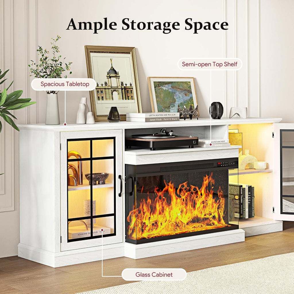 MXV 80'' Fireplace TV Stand, Farmhouse Entertainment Center with 3 Sided Glass TV Stand, Modern Media Console Table with Storage Drawers & Cabinets with LED Flame and Lights for Living Room, White
