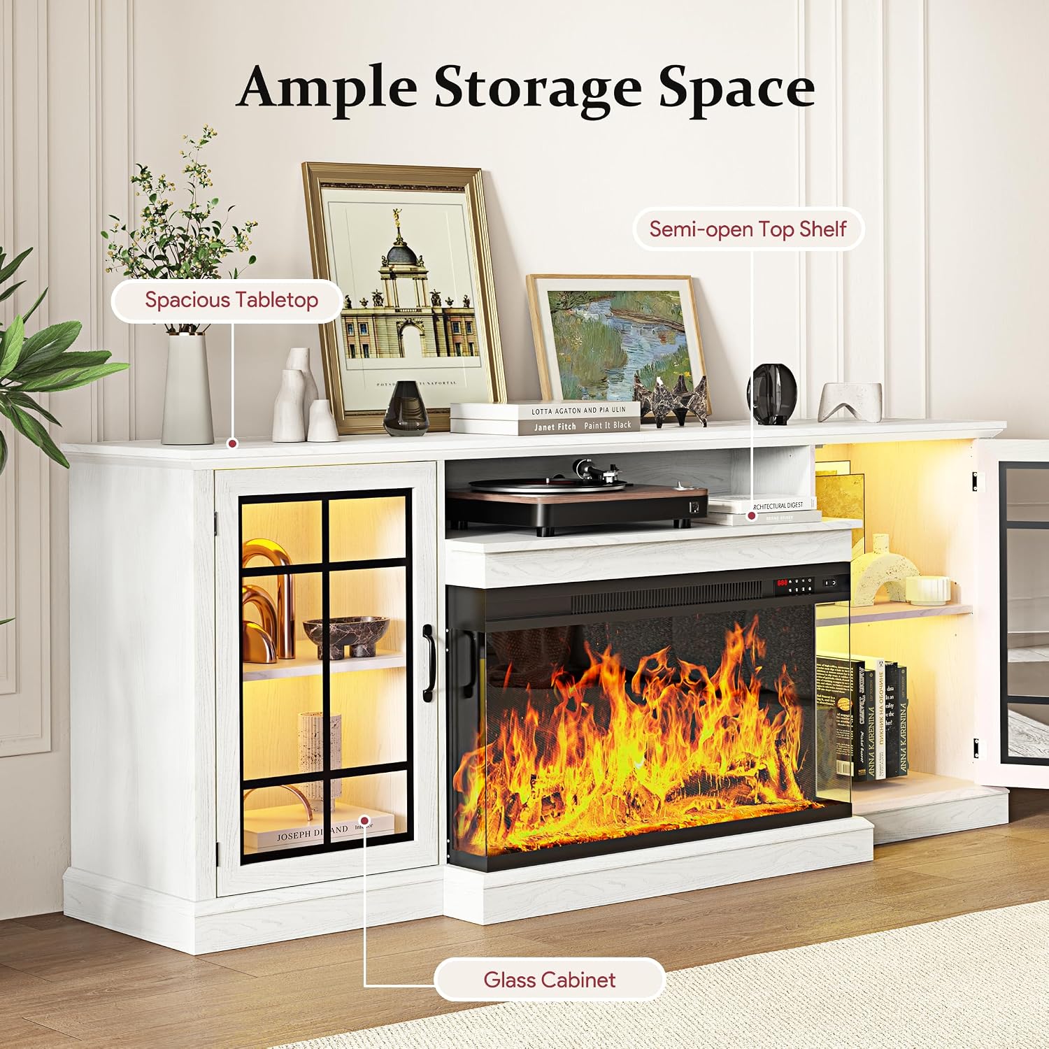MXV 80'' Fireplace TV Stand, Farmhouse Entertainment Center with 3 Sided Glass TV Stand, Modern Media Console Table with Storage Drawers & Cabinets with LED Flame and Lights for Living Room, White