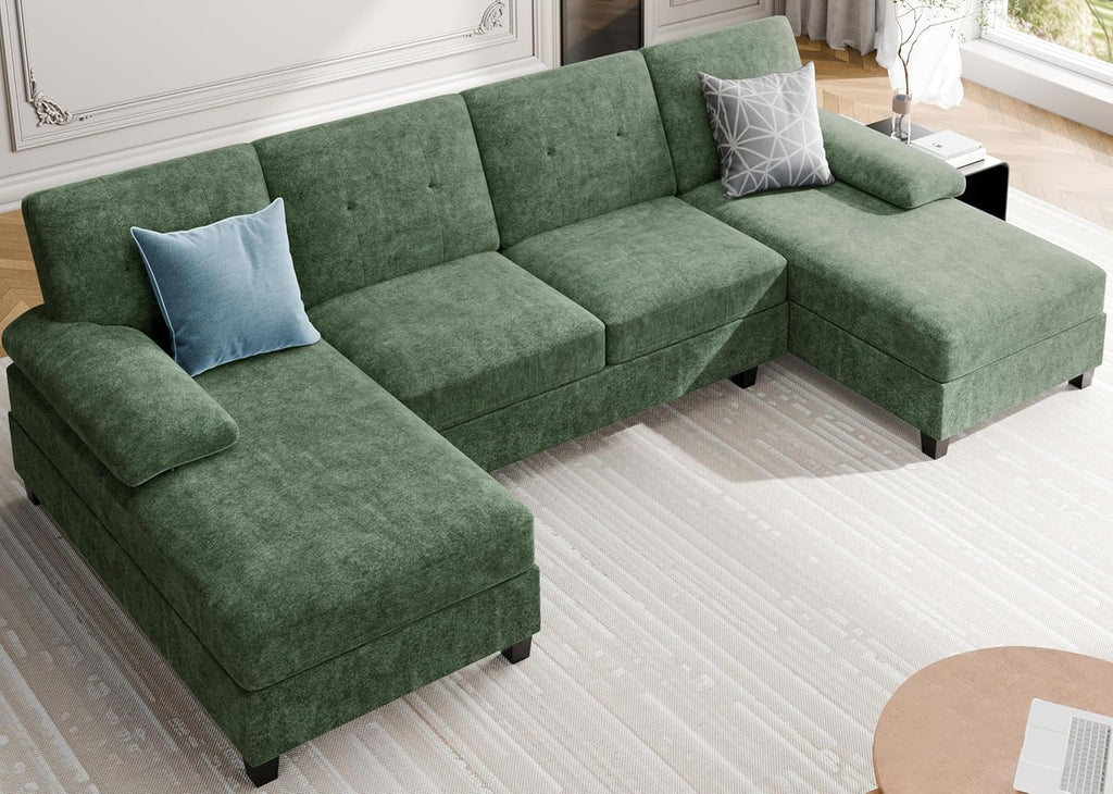 Sectional Couches for Living Room, 106 in U Shaped Couch Soft Sectional Sofa with Double Chaise, Comfortable Fabric 4 Seat Sofa Couch for Apartment (Green)