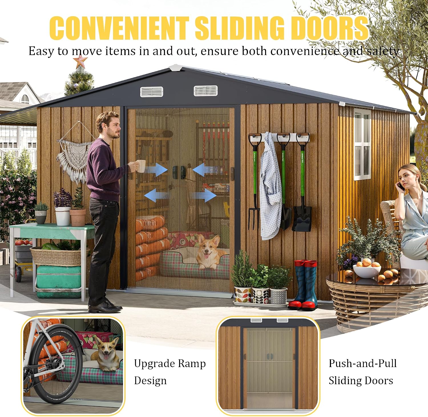 KEIKI 10x12 FT Outdoor Storage Shed, Extra Large Metal Shed with Lockable Doors, Windows, Outside Steel Tiny House Ideal for Garden, Backyard, Patio Utility, Tool Storage, Chicken Coops, Yellow