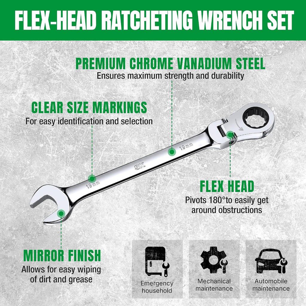 SK Flex-Head Ratcheting Wrench Set, Combination Wrench Set, 16-Piece, Metric 8 to 25mm, 72-Tooth, Premium CR-V Construction, with Rolling Pouch