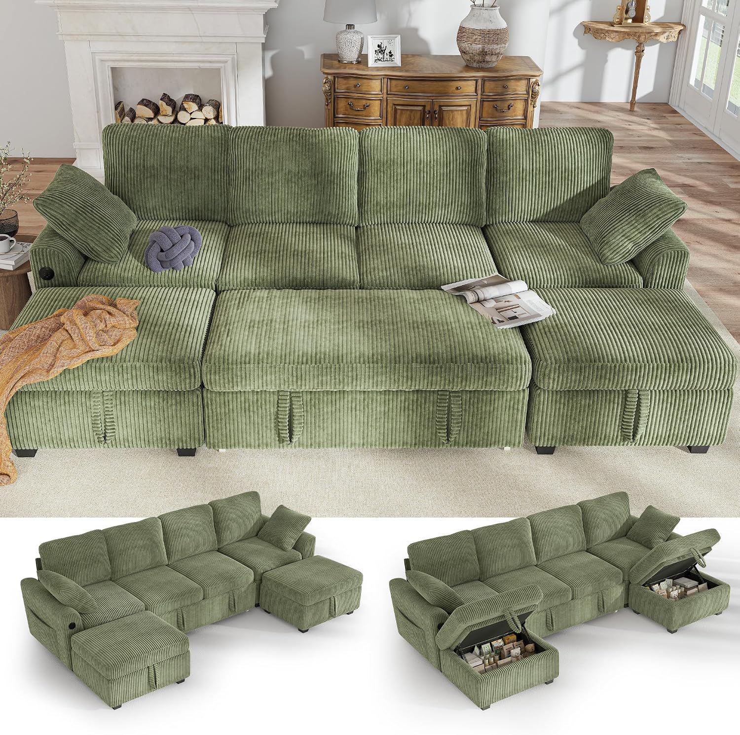 Hanherry 104' Sectional Couch with Pull Out Sofa Bed,Corduroy Sleeper Sofa with Storage Ottoman & USB Charging,Comfy U Shaped Modular Couches for Living Room,Apartment