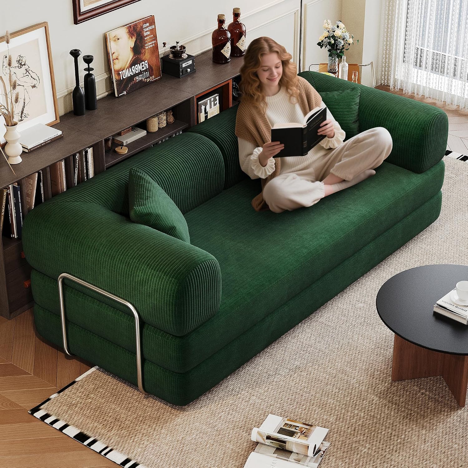 Ball & Cast 78.8' Compressed Modular Sofa Bed, No-Assembly Convertible Floor Futon Couch with Pillow Backrest & Armrest Support, Boneless Corduroy Sleeper Sofa for Living Room & Bedroom, Green