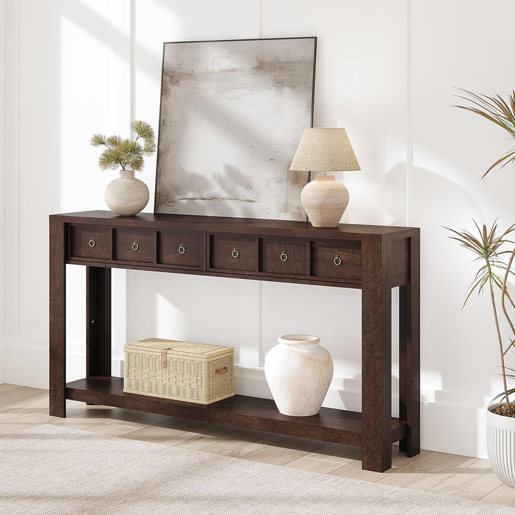 IDEALHOUSE 54inch Rustic Wooden Entryway Table with 2 Drawers & Open Shelf – Farmhouse Console Sofa Table for Hallway, Foyer & Living Room, Brown