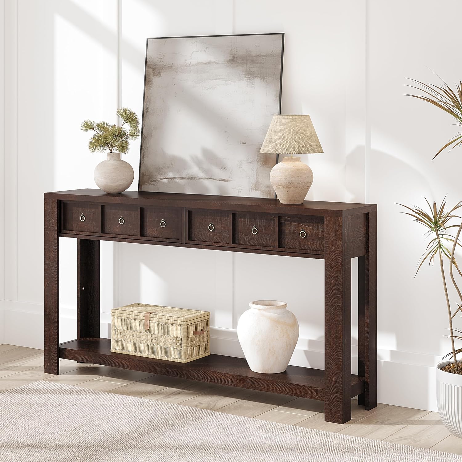 IDEALHOUSE 54inch Rustic Wooden Entryway Table with 2 Drawers & Open Shelf – Farmhouse Console Sofa Table for Hallway, Foyer & Living Room, Brown