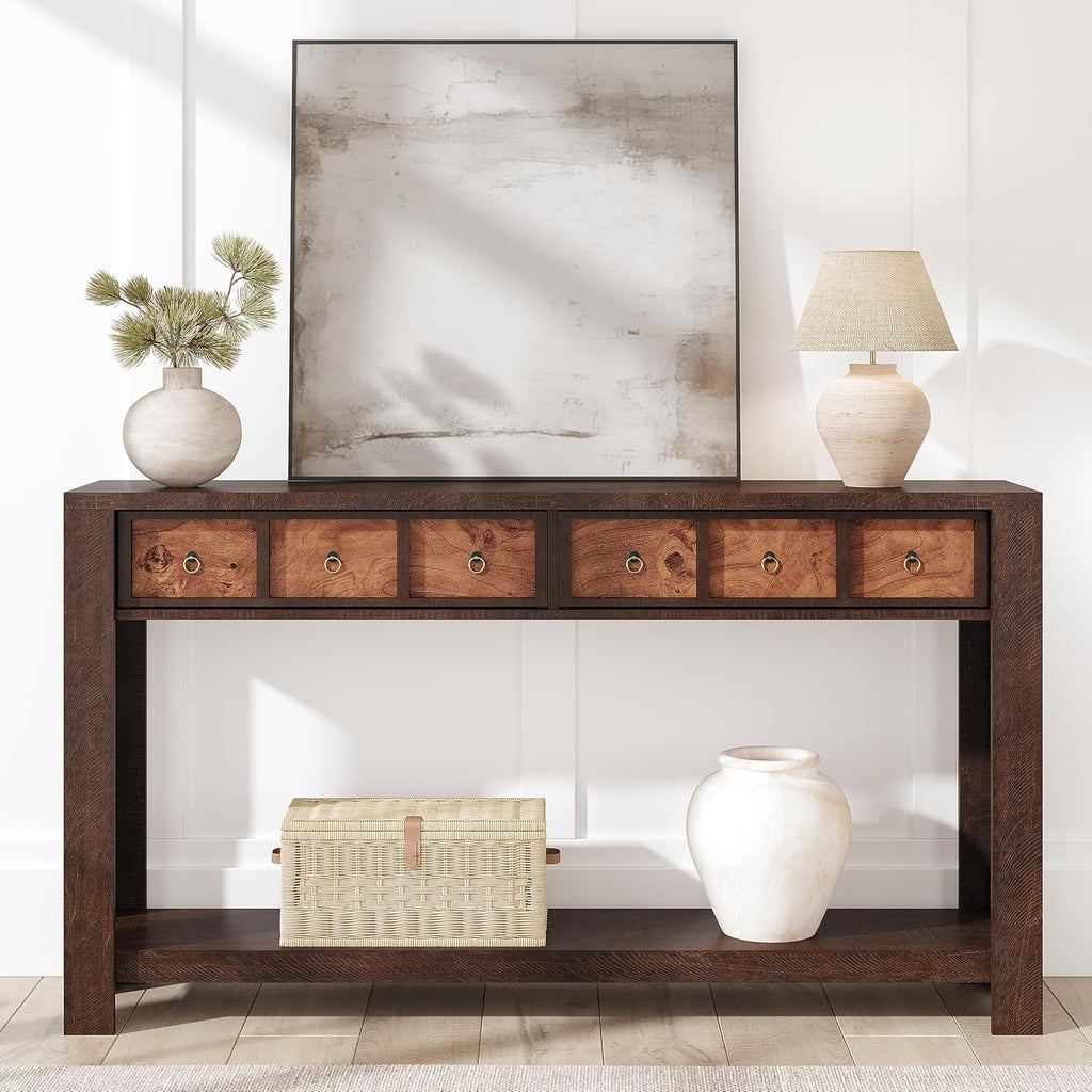 IDEALHOUSE 54inch Rustic Wooden Entryway Table with 2 Drawers & Open Shelf – Farmhouse Console Sofa Table for Hallway, Foyer & Living Room, Burlywood