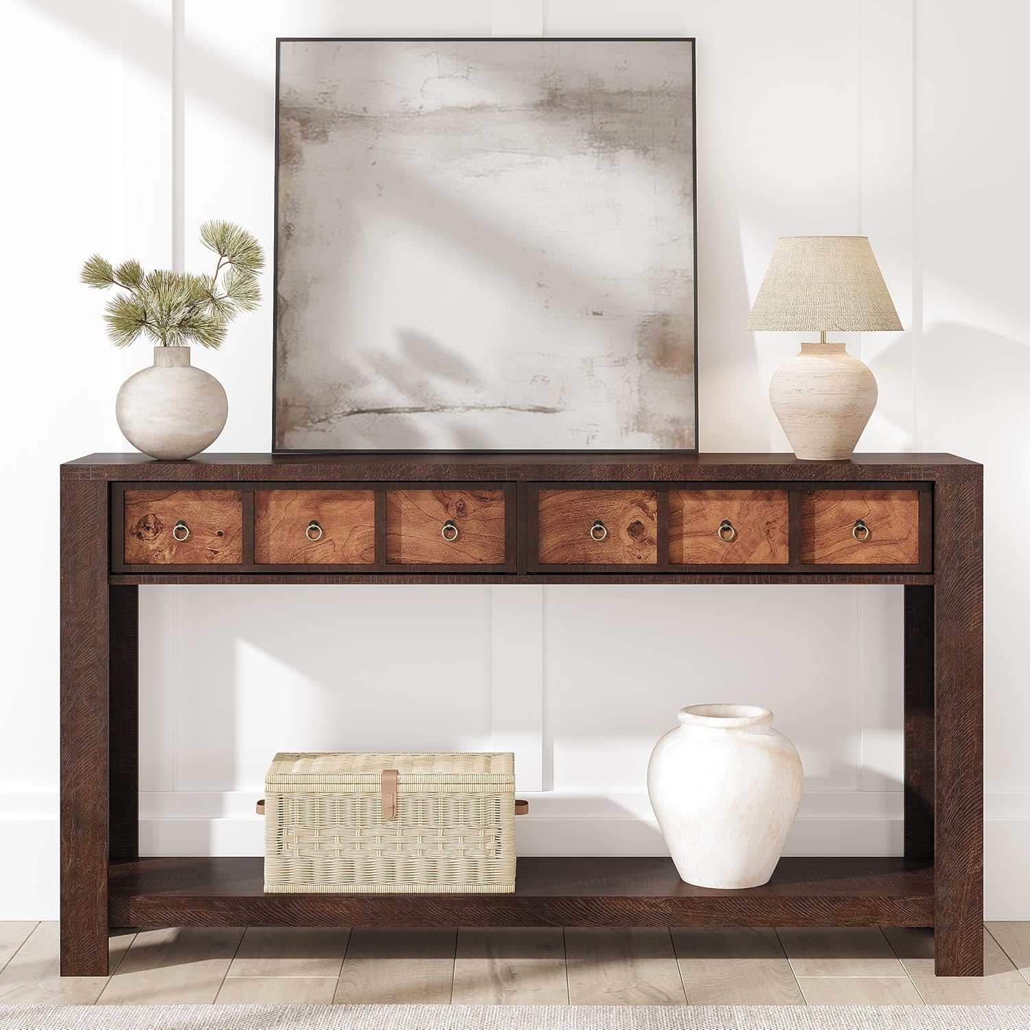 IDEALHOUSE 54inch Rustic Wooden Entryway Table with 2 Drawers & Open Shelf – Farmhouse Console Sofa Table for Hallway, Foyer & Living Room, Burlywood