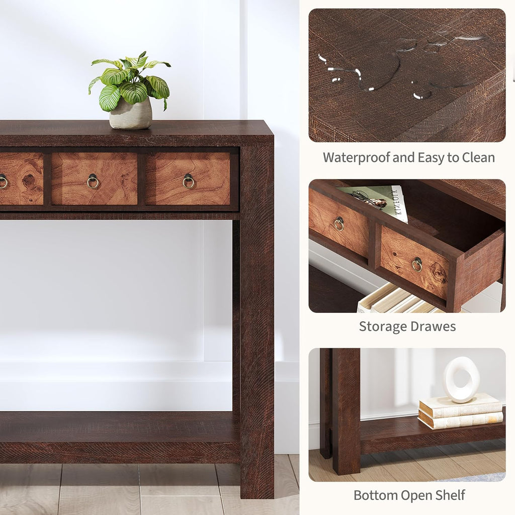 IDEALHOUSE 54inch Rustic Wooden Entryway Table with 2 Drawers & Open Shelf – Farmhouse Console Sofa Table for Hallway, Foyer & Living Room, Burlywood
