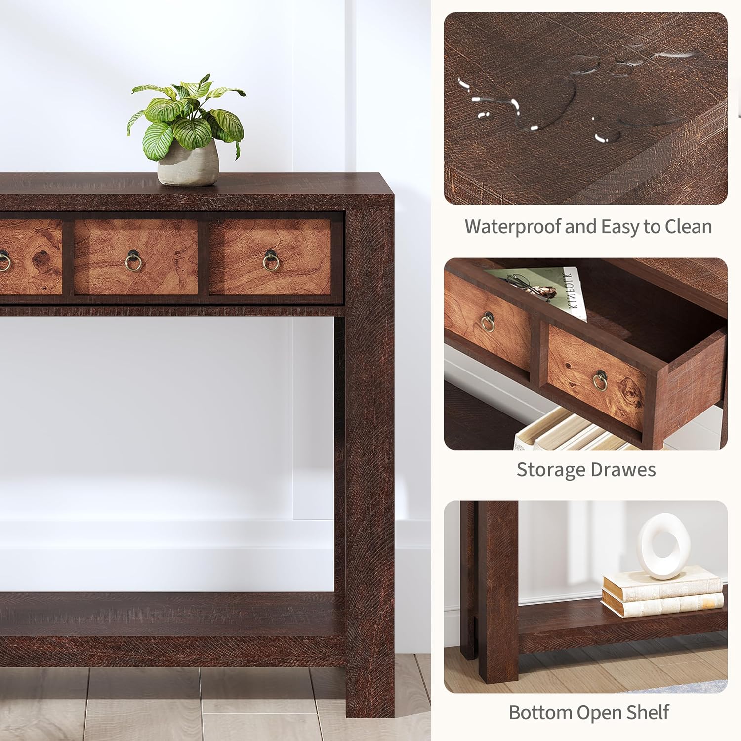 IDEALHOUSE 54inch Rustic Wooden Entryway Table with 2 Drawers & Open Shelf – Farmhouse Console Sofa Table for Hallway, Foyer & Living Room, Burlywood