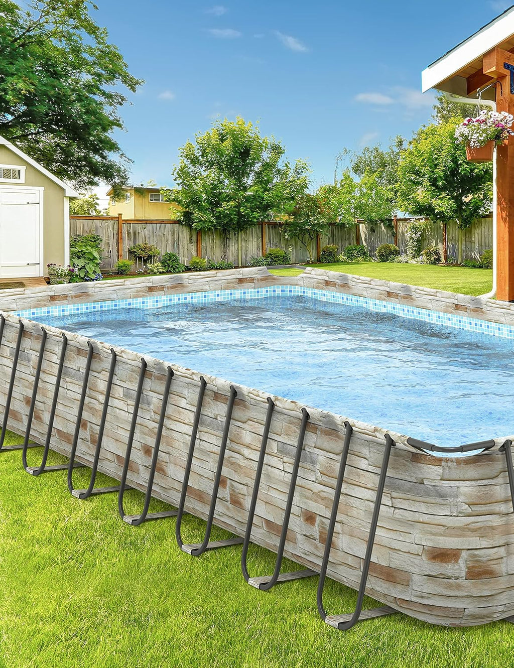 EVAJOY 32ft x 16ft x 52in Metal Frame Swimming Pool Set, Rectangular Above Ground Pool Cover with Sand Filter Pump, Pool Ladder, Ground Cloth for Backyard, Garden, PVC, Blue