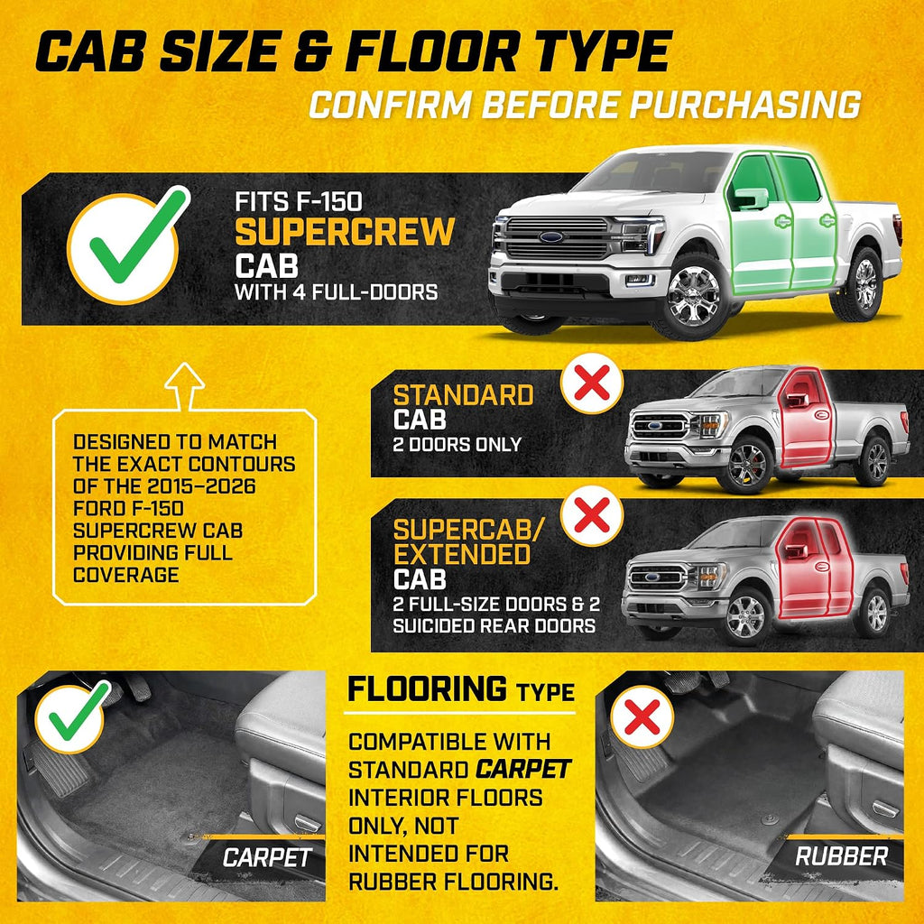 Cat® Floor Mats for 2015-2026 Ford F-150 SuperCrew Cab, Front & Rear, All Weather Protection 3D Contour Fit Custom Fit Floor Liners, Black