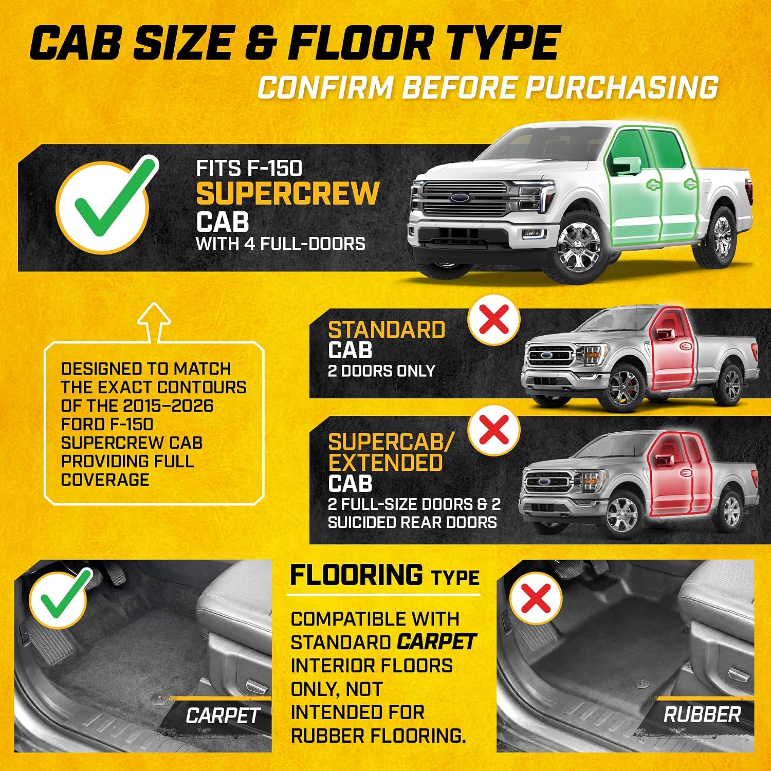 Cat® Floor Mats for 2015-2026 Ford F-150 SuperCrew Cab, Front & Rear, All Weather Protection 3D Contour Fit Custom Fit Floor Liners, Black
